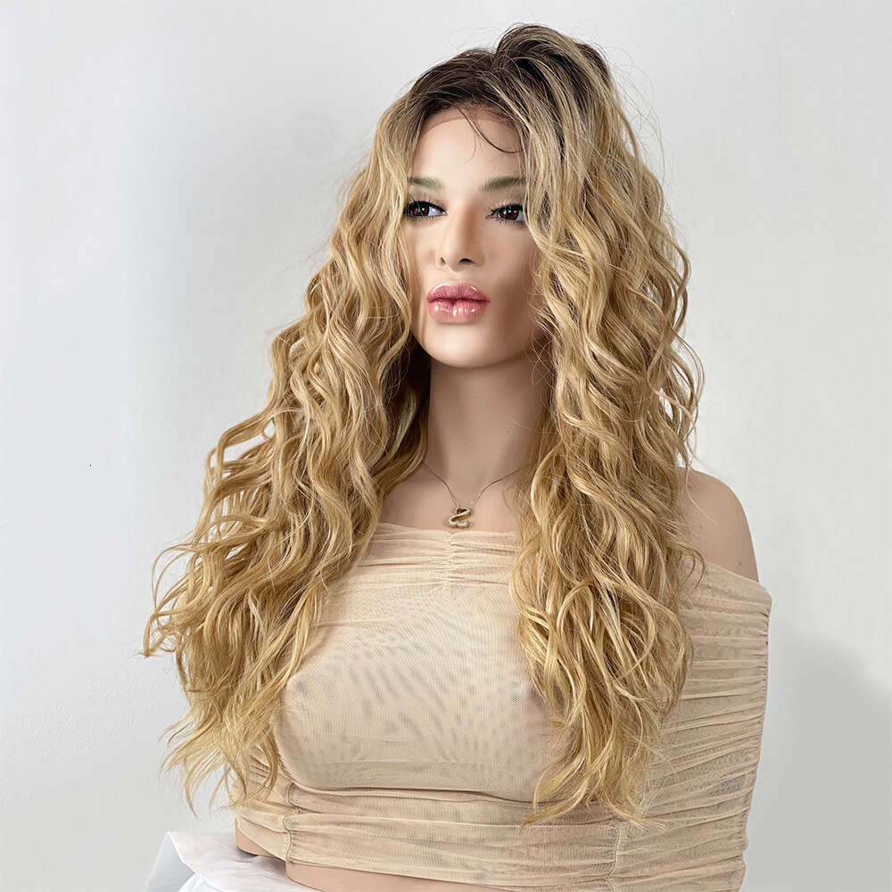 Honey Blonde Rooty Ombre Curly Synthetic Lace Front Heat Resistant Human Hair Blend Wig Middle Parting Daily Use