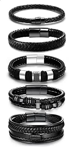 5 black leather bracelets mens womens mens bracelets leather steel woven cuff bracelet set 240914
