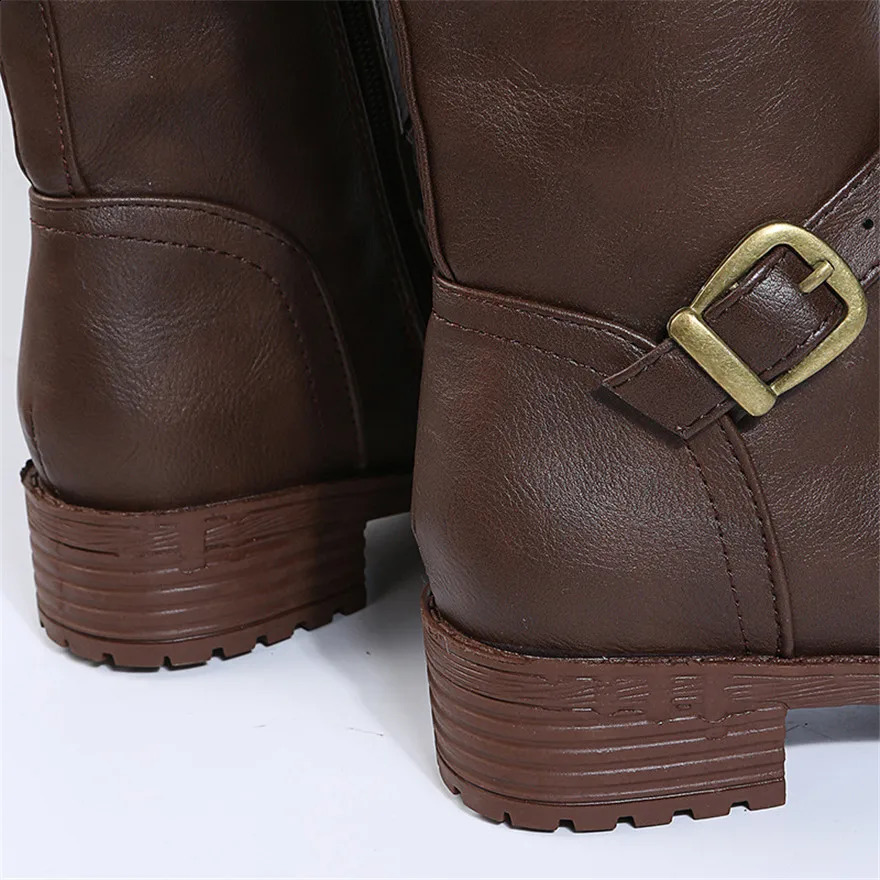 soft leather womens riding fashionable double zipper short and chubby high heels brown round toe casual buckle boots for women 241030