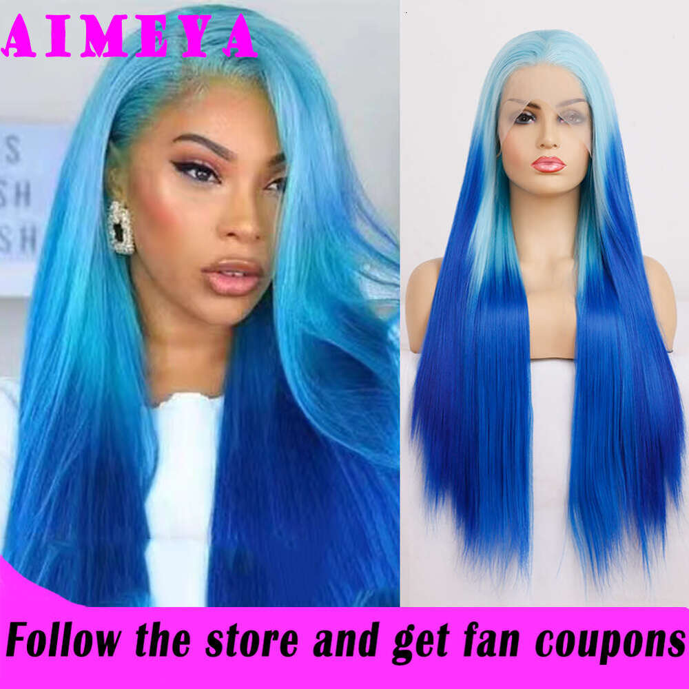 AIMEYA Ombre Synthetic Lace Front Wigs For Women Long Body Wave Blue Wig Natural Haire Daily Use Cosplay