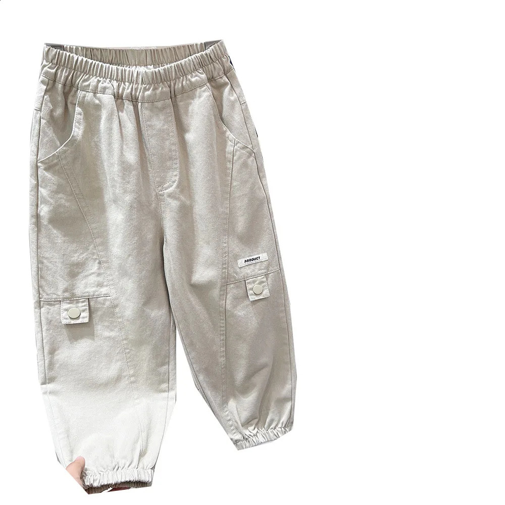 Spring Autumn Children Boys Cargo Pants Elastic Pockets Solid Kid Boys Jogger Pants Letter Sticker Student Boys Trousers 240906