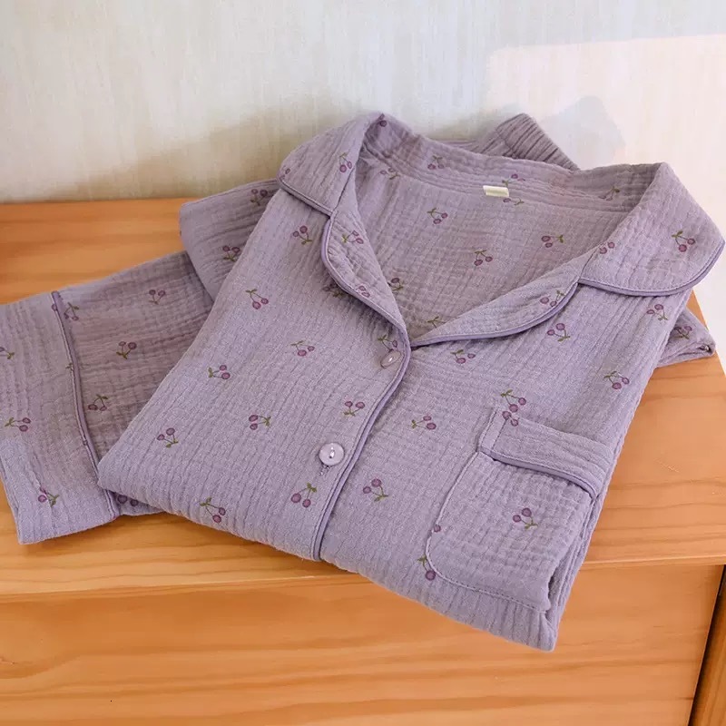 2023 100% Cotton Women's Pama Autumn Spring Long Sleeve Soft Sleepwear Cherry Print Pyjama Woman Home Nightwear Set Cardigan