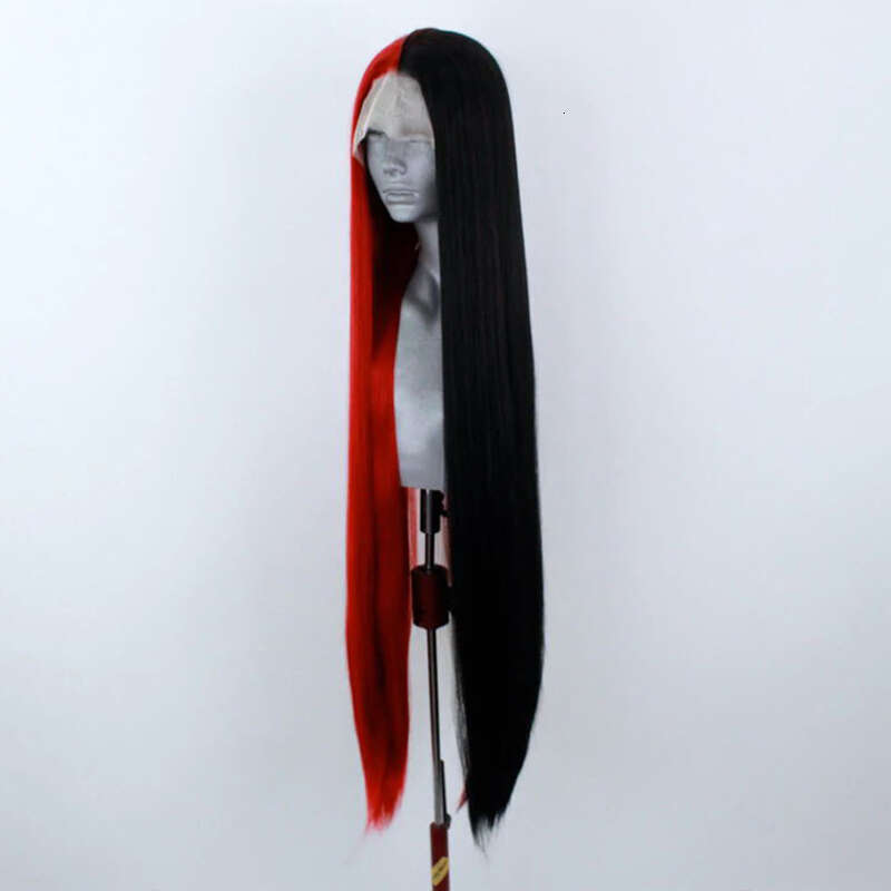 Red Half Black 10% Human Hair Straight Front Heat Resistant Synthetic Lace Frontal Wig Cosplay