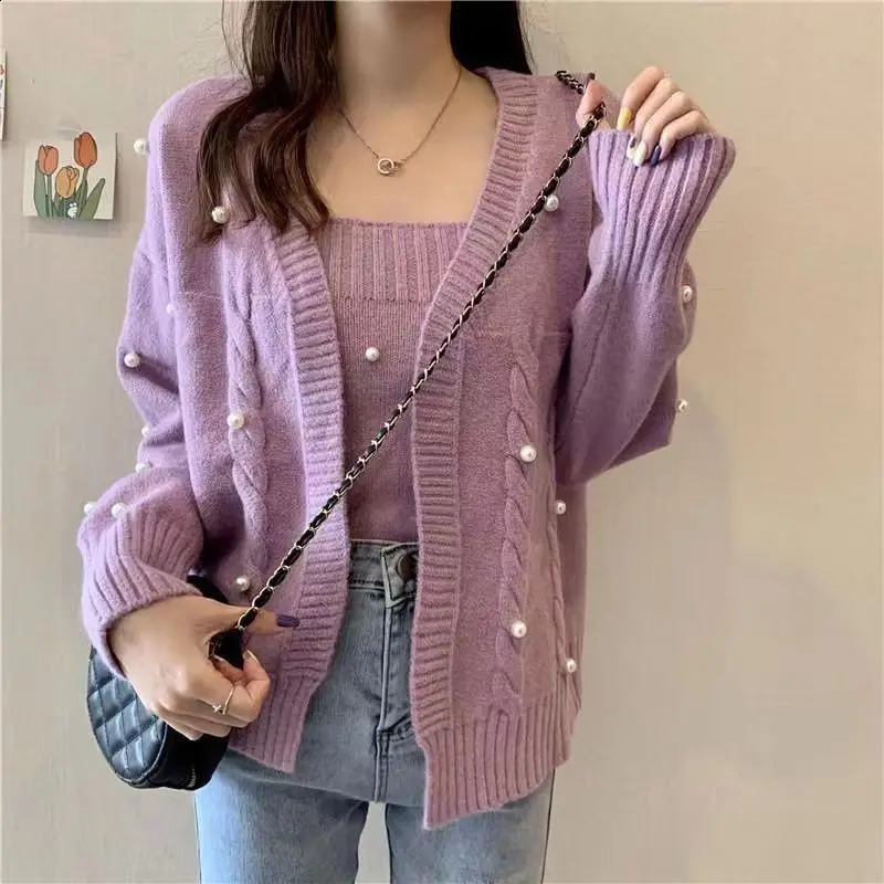 Women Autumn Simplicity Loose Fashion Diamonds knitting Cardigan coat women clothes Casual Allmatch Camis sweet Two piece set 240904
