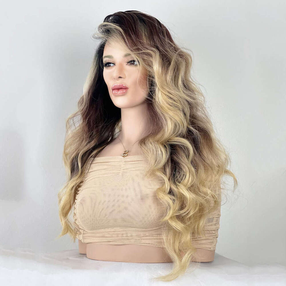Blonde Brown Balayage Ombre Synthetic Fiber 28" Long Wavy Human Hair Blend Lace Front Wig Free Parting Heat Resistant