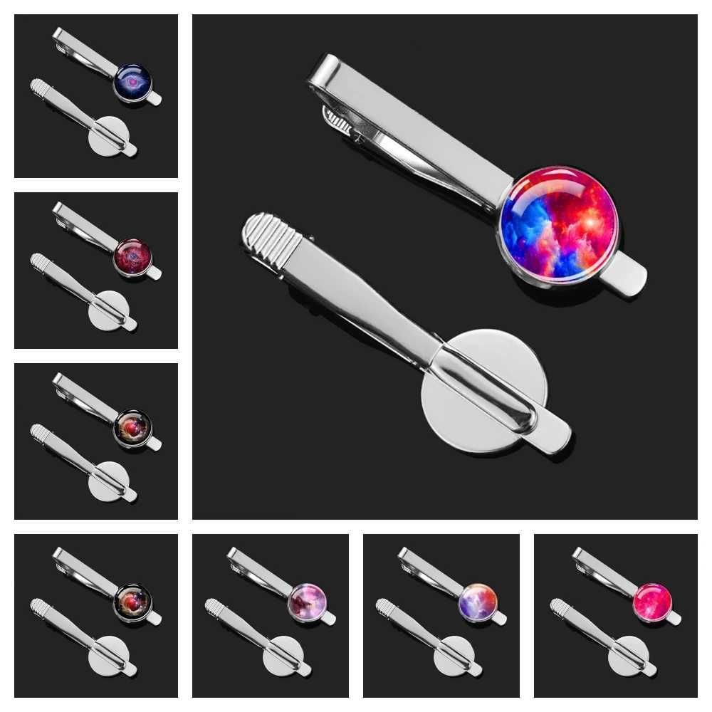 Mens Tie Clip Starry Sky Galaxy Universe Aurora Colorful Romantic Fashion Commercial Silver Rising Glass Decorative Gift W240914