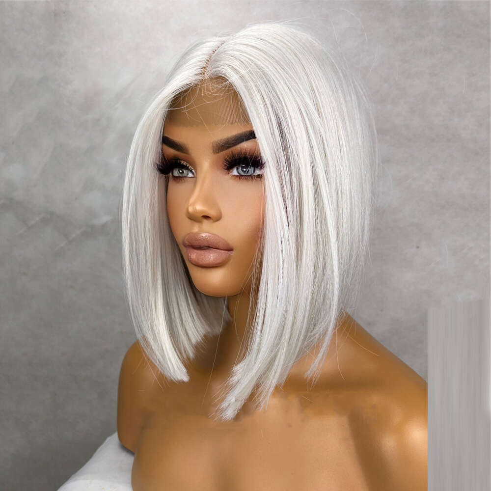 Short White Platinum Blonde Bob Wig 12 Inch Straight Center Parting 150 Density Synthetic Lace Front Human Hair Blends Gift Wigs