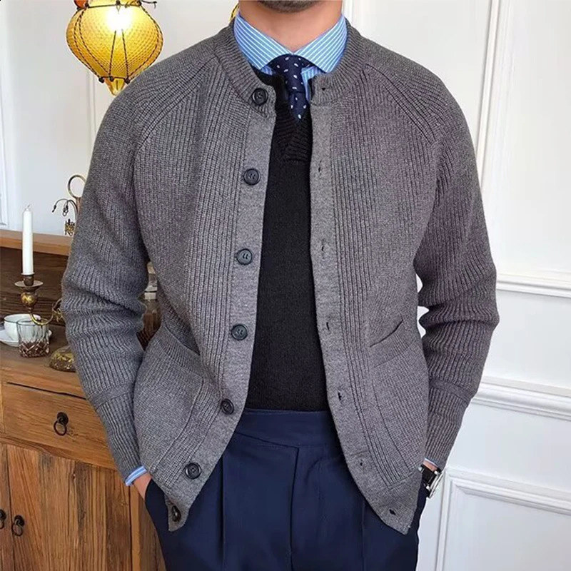 Fashionable mens sweater jacket autumn winter retro crew collar button knit cardigan casual 240906