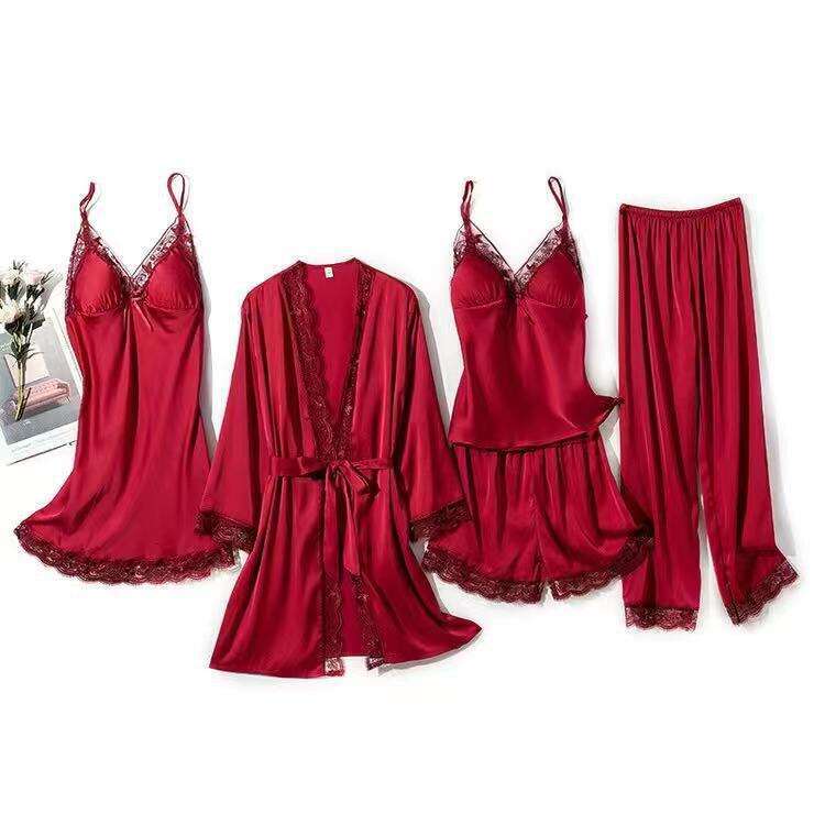 Women Sexy Pamas 5Pcs Satin Sleepwear Pijama Lace Wear Home Clothing Embroidery Sleep Lounge Pyjama With Chest Pads