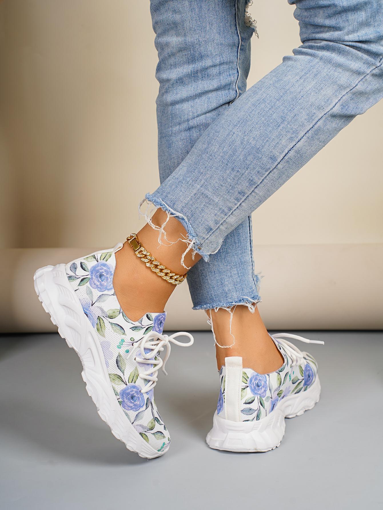 New Women's Vulcanize Round Toe Flat for Lace Up Platform Shoes Outdoor Light Causal Print Low Top Women Flats