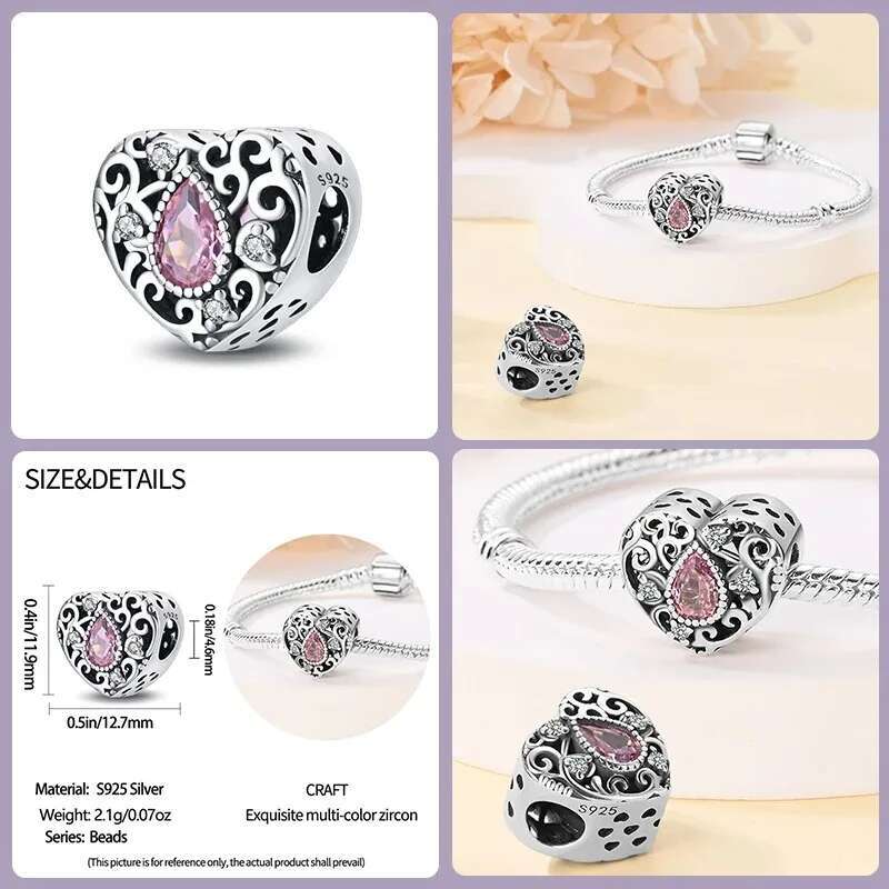 S925 925 Sterling Silver Classic Purple Retro Heart Shape Lotus Angel Pattern Charms Beads Fit Original Bracelets DIY Jewelry