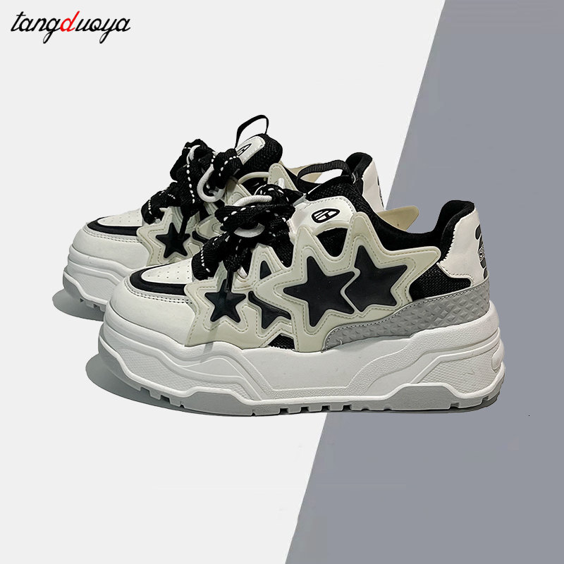 White black Platform Sports Shoes cute star Sneakers Women Fashion Casual Tennis shoes Haruku Thick-sole Vulcanized shoe