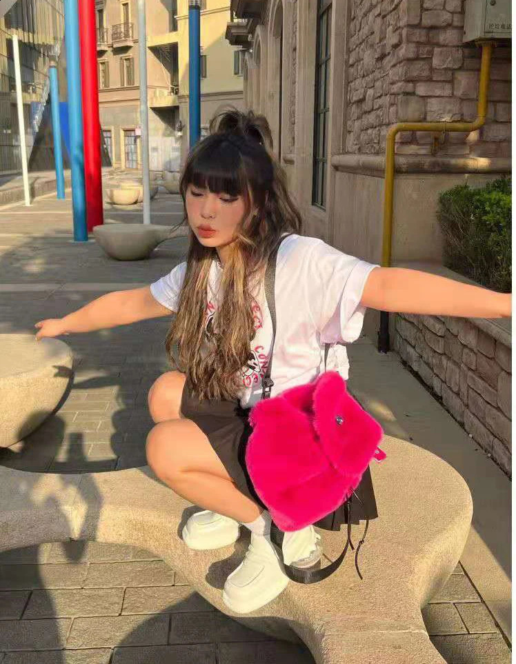 Kawaii Plush Backpack Cute Harajuku Y2k Accessories Pink Blue Pink Gothic 90s Independent Aesthetics Korean Fashion School Bag 240912