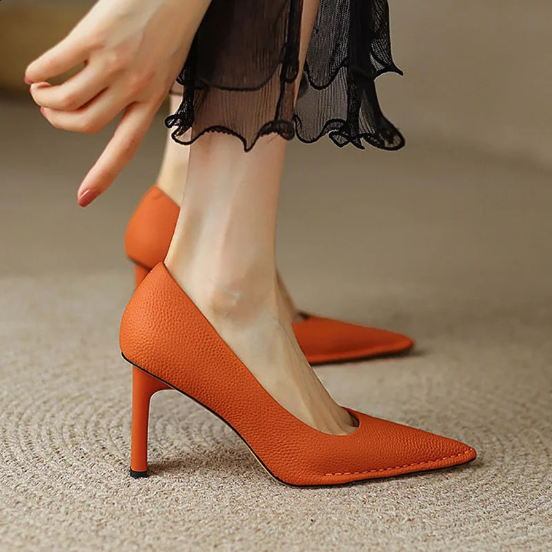 Womans Pumps Pointed Toe High Heels Dress Shoes Green Sewing Pumps Slip on Ol Office Lady Shoes Orange Boat Shoes 9728N 240904