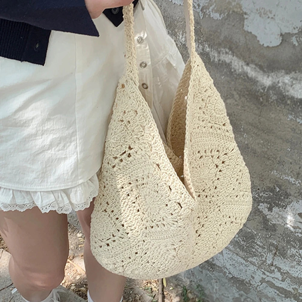 Crochet Summer Beach Bag Soft Knitted Handbag Womens Shoulder Hollow Vacation 240913