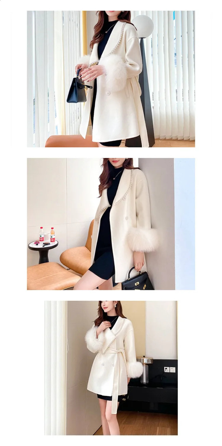 Office Lady Mid-Length Beaded Coat Autumn Winter Fashion Faux Fox Fur Stitching Long-Sleeved Woolen Coats and Jackets Women 240911