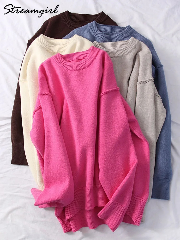 Blue oversized womens sweater winter thick beige floral autumn fashionable loose Oneck jumping 240906
