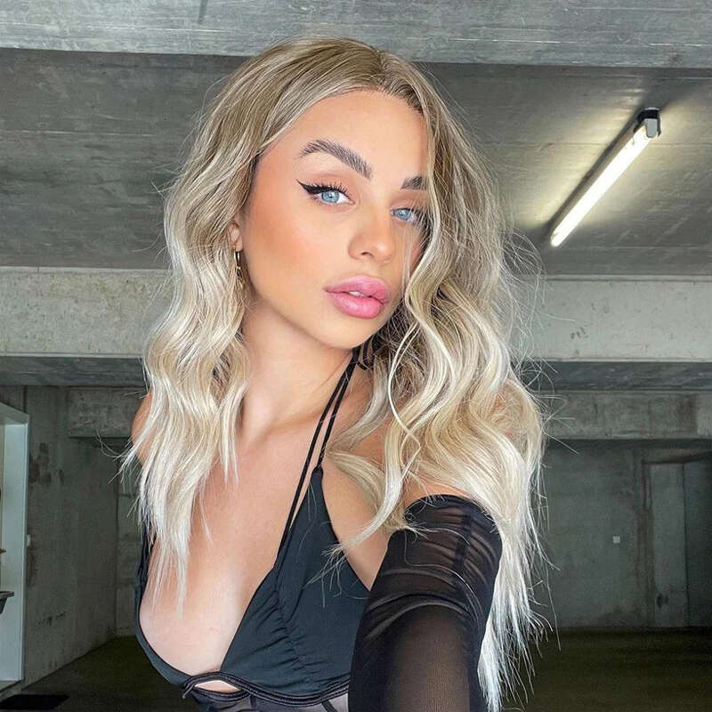 Synthetic Natural Wave Ombre Human Hair Wigs 10% Mixed Heat Resistant Ashy Blonde 13X4 Lace Front Wig Daily Use