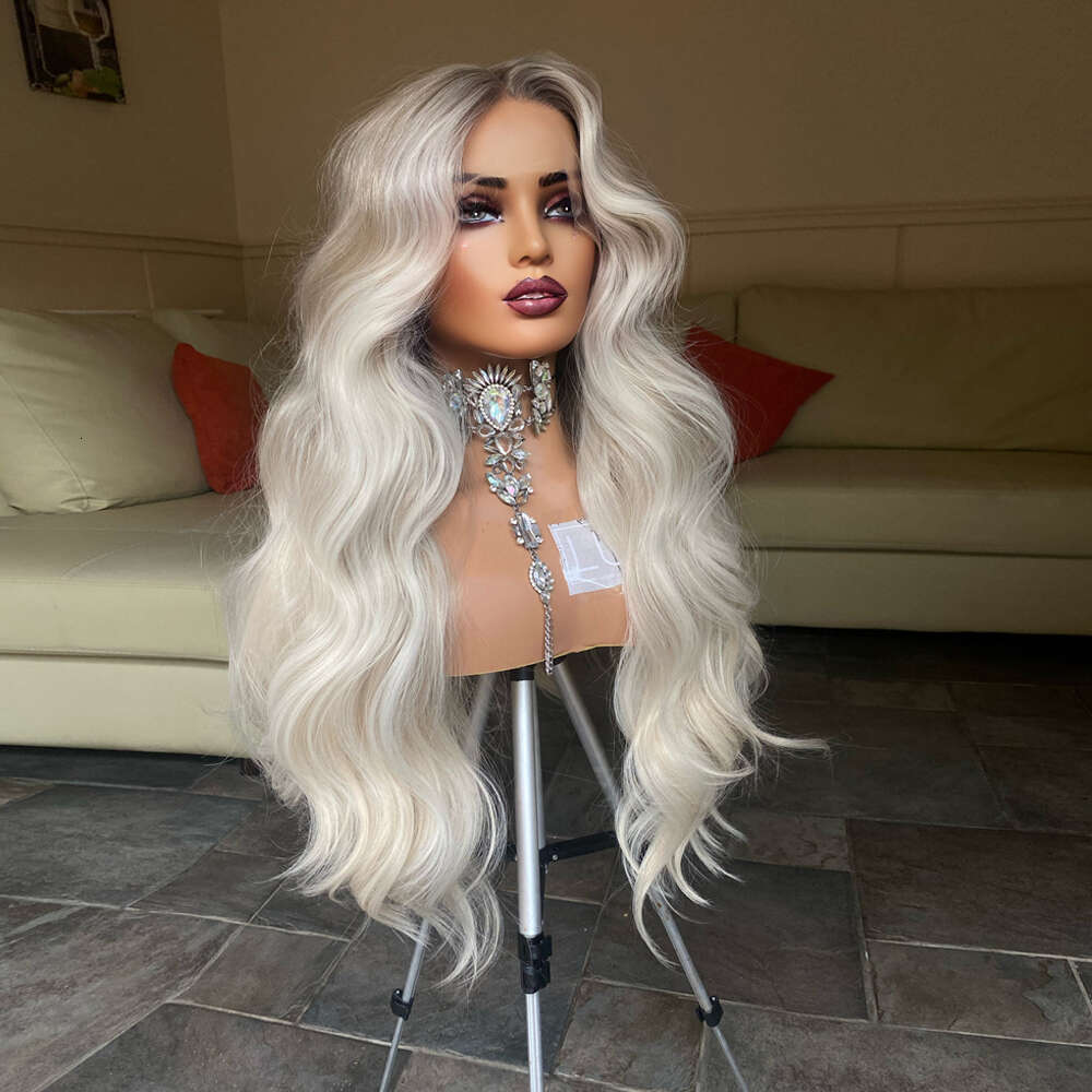 Highest Quality Synthetic Material Lace Front Wig 28 Inches Icy Blonde Thick Long Wavy Women Wigs Asy Roots Heat Protected