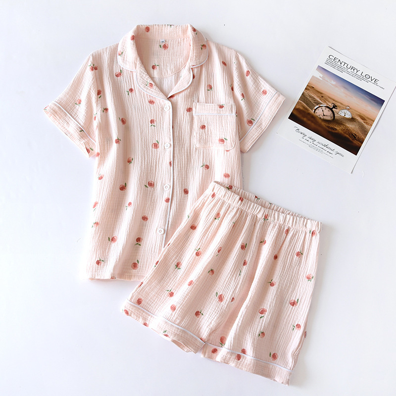 100% Cotton Gauze Summer 2-Piece Set Short-Sleeved Peach Print Homewear Ladies Pamas Women Sleepwear