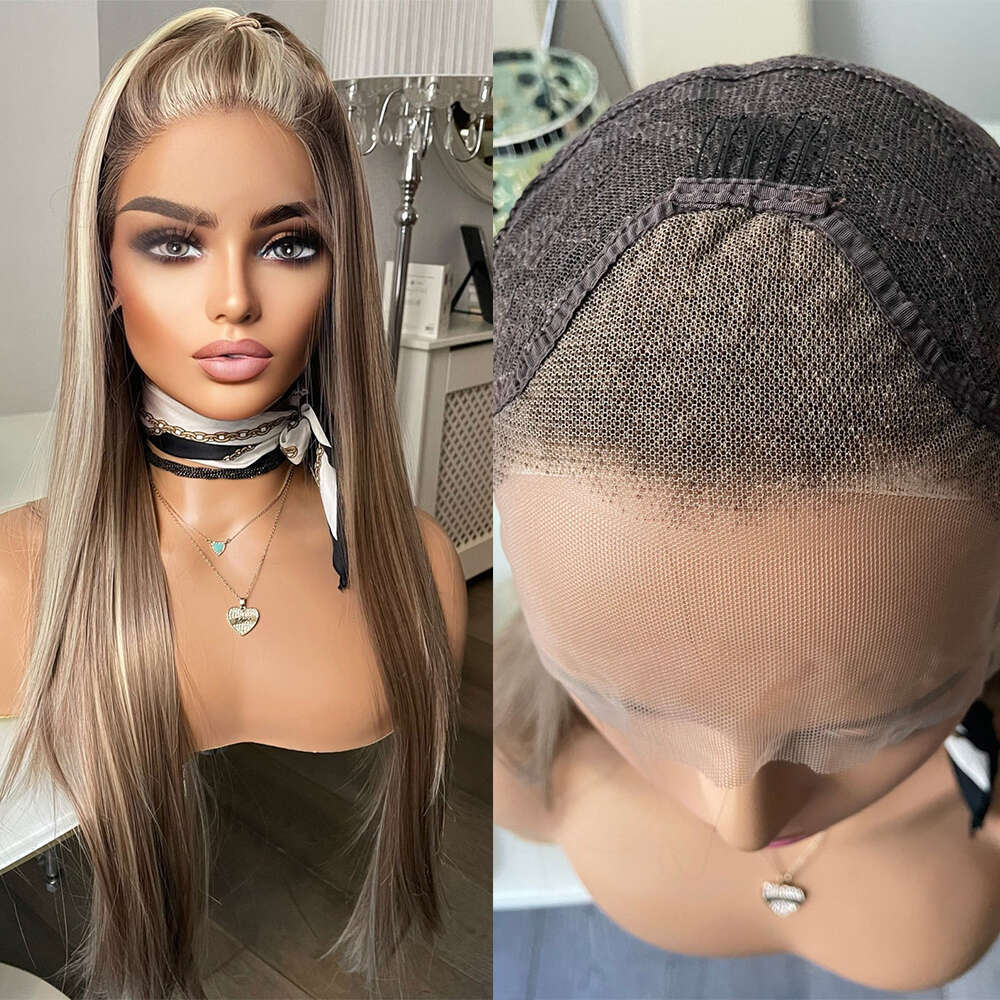 Bronze Brown Wig With Blonde Highlights Heat Resistant Synthetic Long Silky Straight Lace Front Beginner Friendly Wigs
