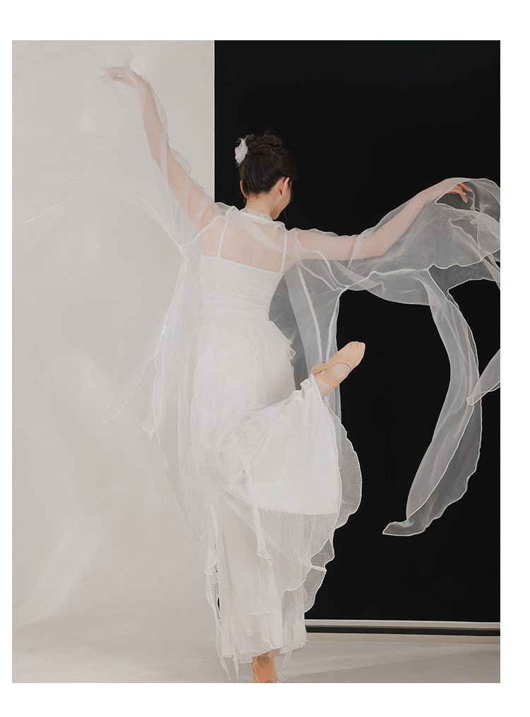 Leaf Dance Hanfu Costume with Flowing Petal Sleeves, Ethereal Sheer Top, and Pants Skirt for Classical Chinese Dance and Performance.