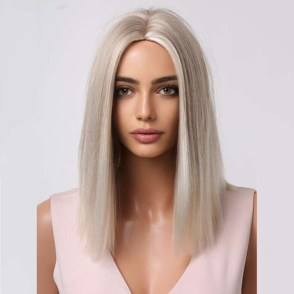 14" Short Straight Women Ombre Ash Blonde Highlights Synthetic Wigs Cute Bob Wig For Cosplay/Daily Heat Resistant Fiber