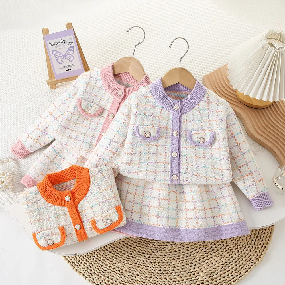 Girls ed Knitting Clothes Sets Girl Fall Winter Children Suits for 1-8Ys Kids 2Pcs Outfits Birthday Fashion Tweed Sets 240913