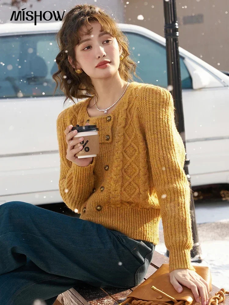 Mishhow wool blend cardigan womens autumn and winter loose round neck sweater double chest jumper MXC55Z0397 240906