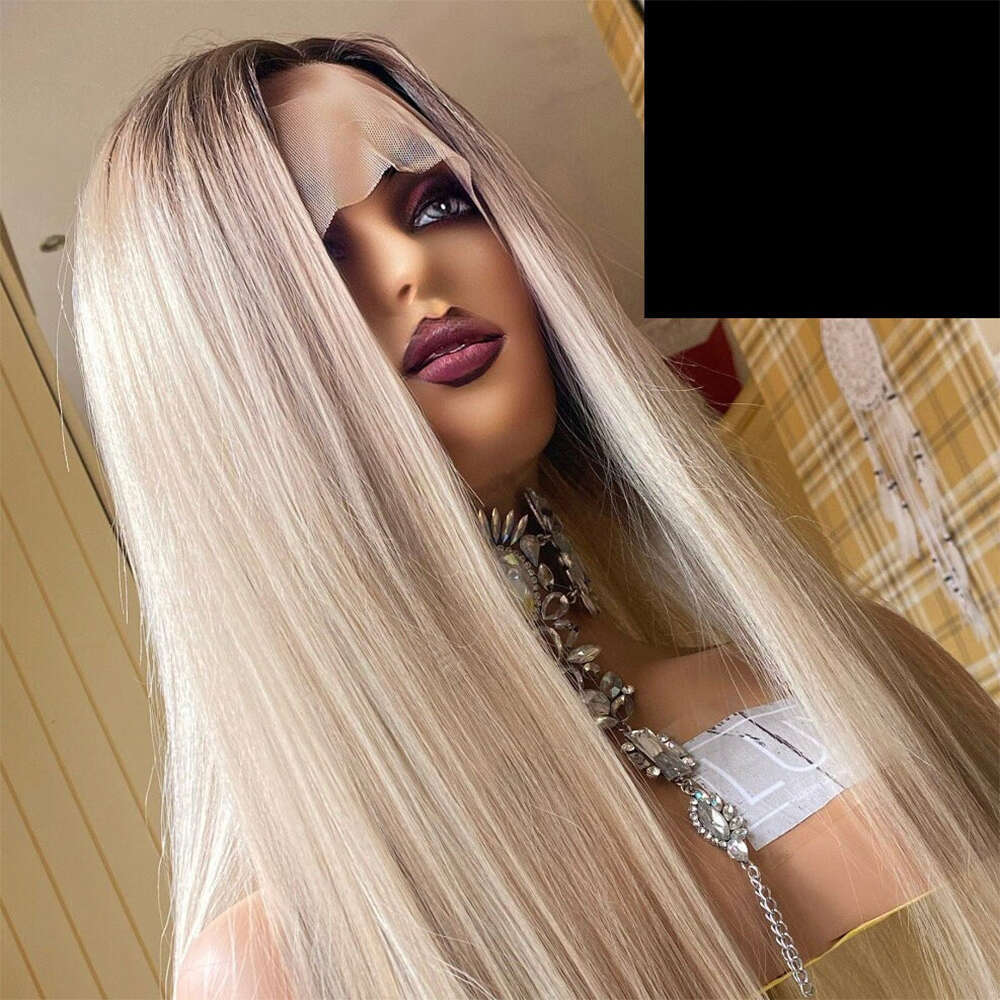 Strawberry Synthetic Hair Ash Blonde Roots Straight Lace Front Long And Natural Beautiful Everyday Wig Heat Resistant