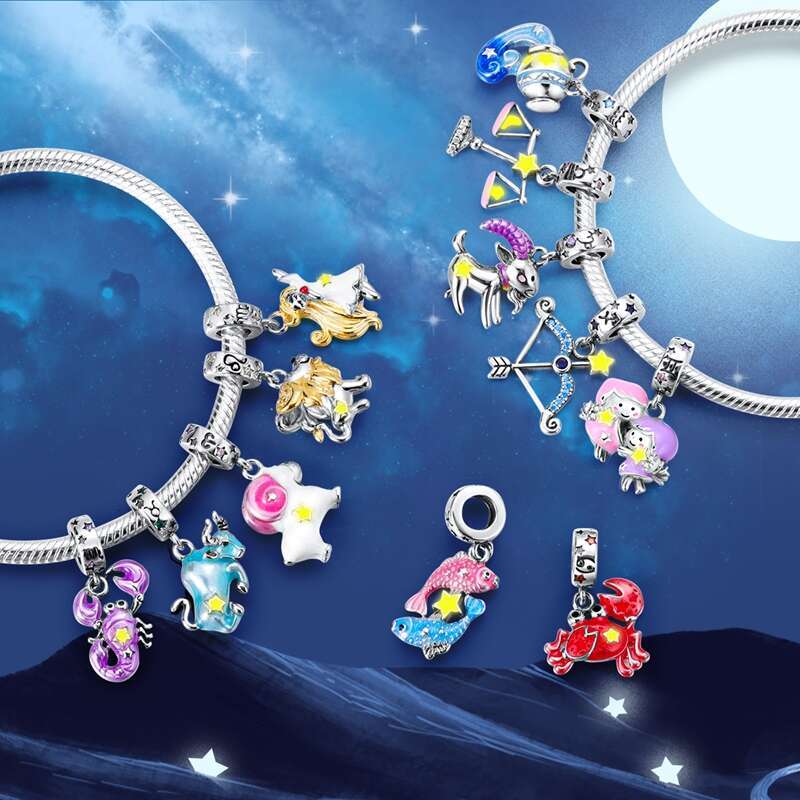 925 New Sterling Silver 12 Constellation Luminous Pendant Charm Bead Fit Original Bracelet for Women Making Gift DIY