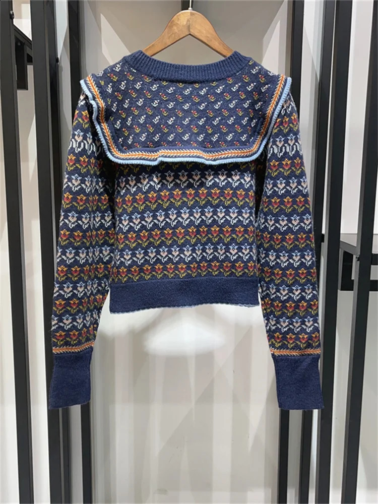 Women Wool Sweater Jacquard Round Neck Single Breasted Sweet Female Knit Cardigan 240904