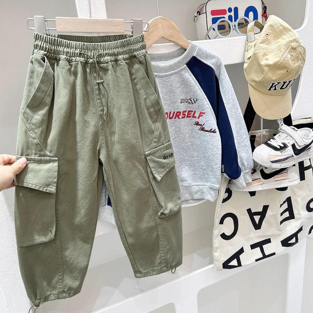 Students Boys Cargo Pants Spring Autumn Drawstring Solid Pockets Kid Boys Trousers Casual Letter Children Boys Jogger Pants 240906