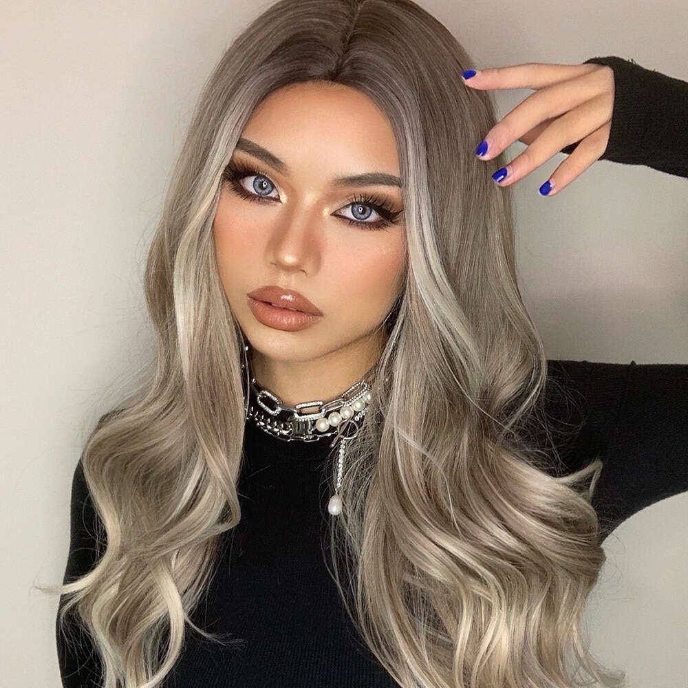 Dark Ash Blonde Highlight Synthetic Lace Front Wig Long Wavy Human Hair Wigs 10% Mixed Heat Resistant Daily Use For Women