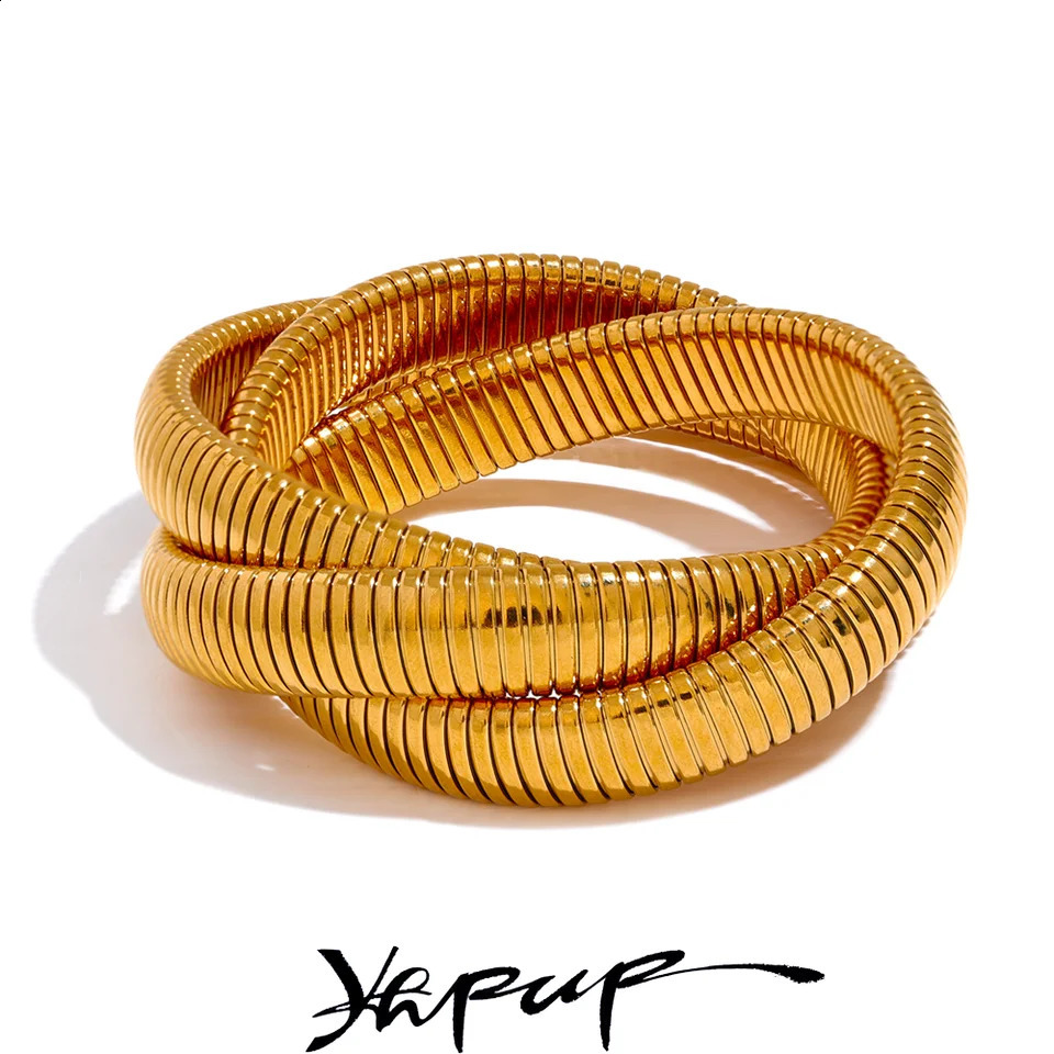 Yhpup Trendy Stainless Steel Elastic Cuban Chain Metal Punk Bracelet Bangle Gold Color Stylish Waterproof Statement Jewelry 240910
