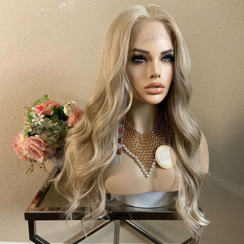 24'' Ash Platinum Blonde Lace Front Synthetic Heat Resistant Fiber Mixed 10% Human Hair Middle Part Cosplay Wig For Women