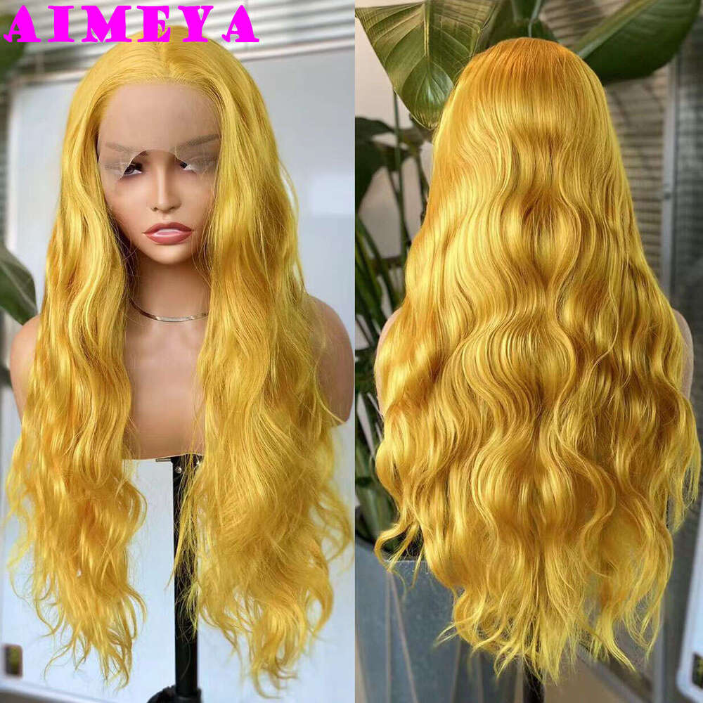 AIMEYA Lace Front For Fashion Women Heat Resistant Synthetic Hair Long Straight Loose Wave Curly Gloden Yellow Wigs