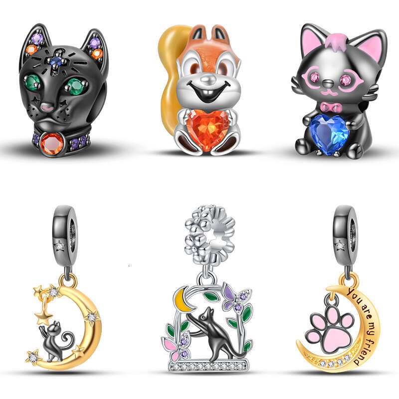 925 Sterling Silver Squirrel Lamb Unearthly Moon Cat Charms Beads Fit Original Bracelets Fine DIY Jewelry Gifts