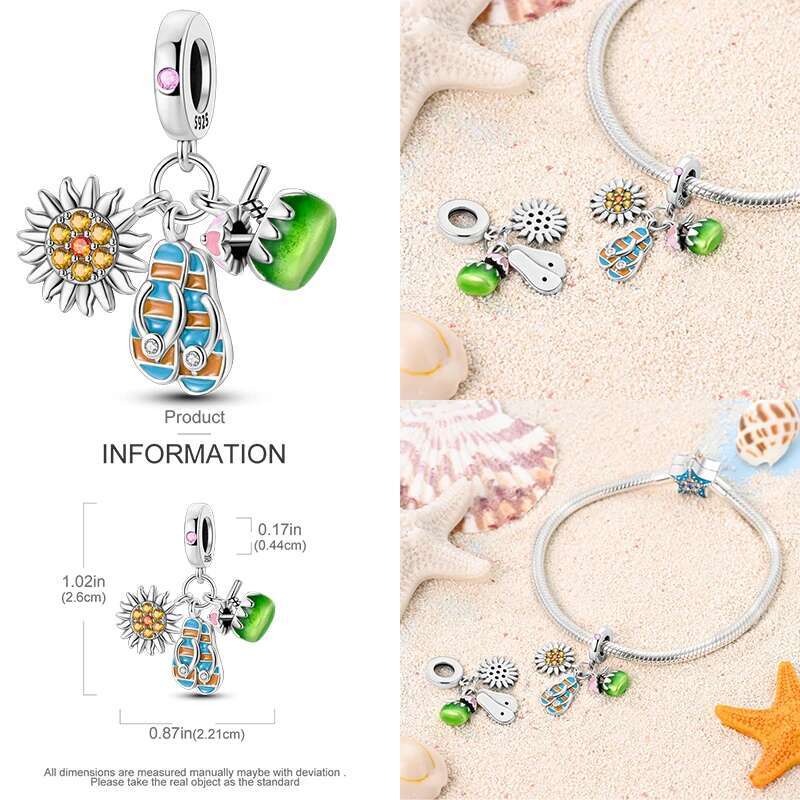 S925 Sterling Silver Avocado Seaweed Sea Turtle Slippers Seashells Camera Charms Pendants Fit Bracelets DIY Jewelry Gifts