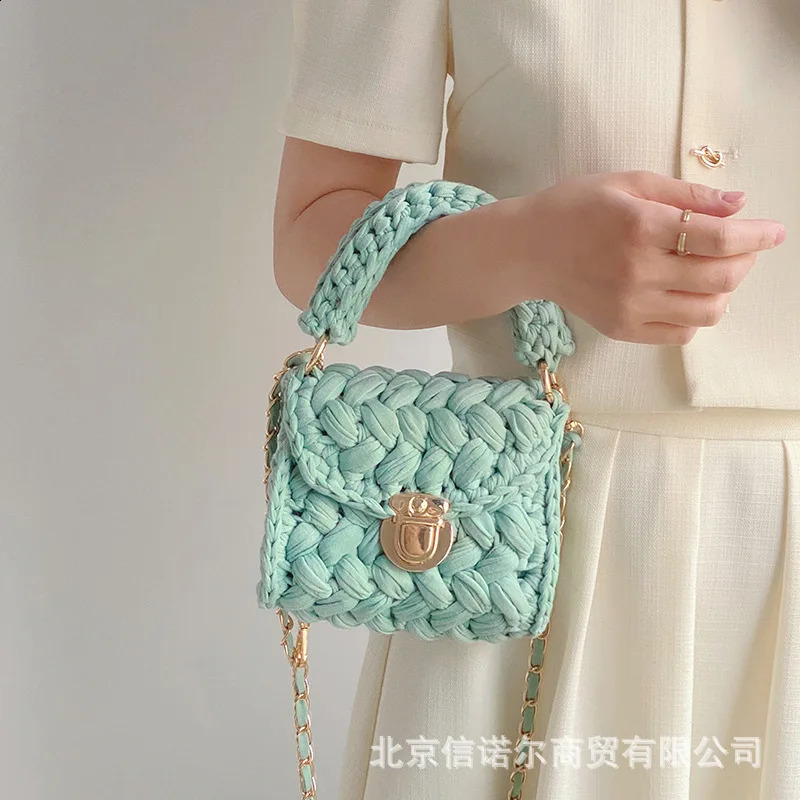 Handmade rope crochet cross body bag for womens y chain knitted handbag small shoulder square 240913