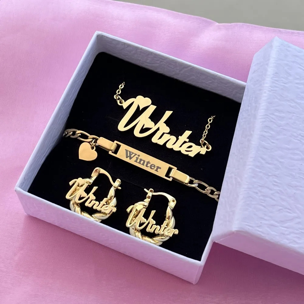 DUOYING Custom Name Heart Jewelry Set Personalized Engraved Letter Bracelet Stainless Steel Necklace Mini Hoop Earrings For Kids 240906
