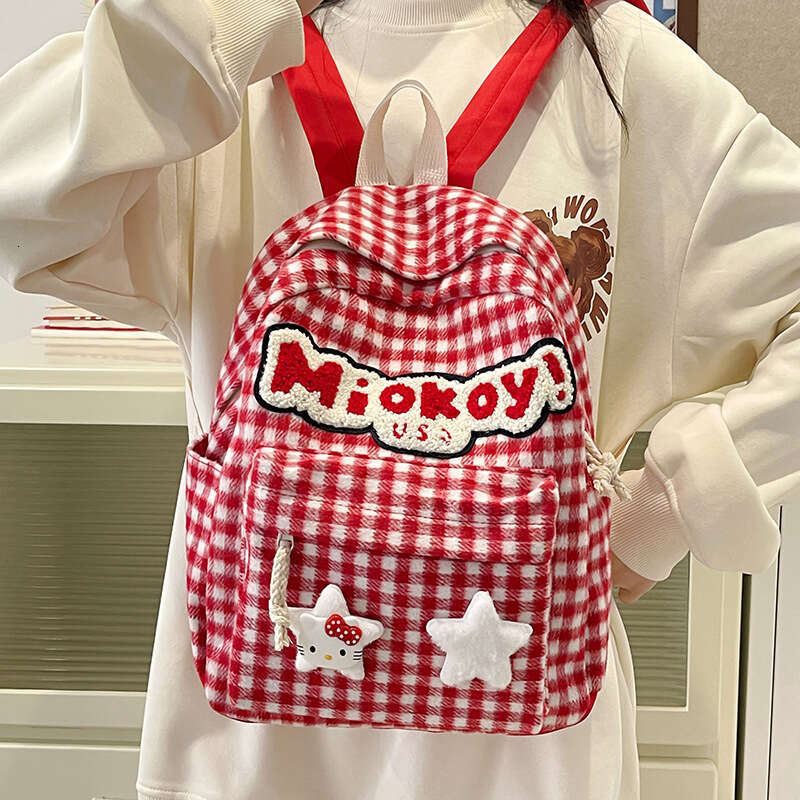 AMZZ Red Checkered Cartoon Cute Student Backpack, Travel Spring Outing Snack Bag 50
