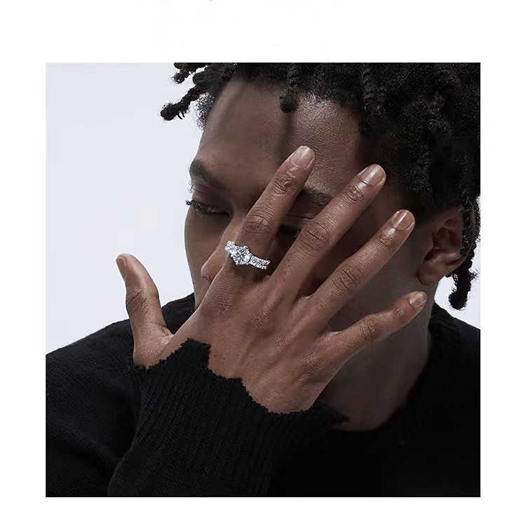 New Design Hip Hop Sier Round Cut D Color Moissanite Ring For Cuban Jewelry