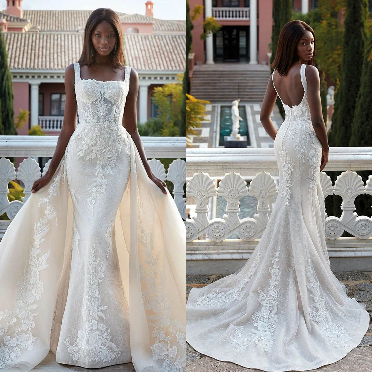 Modern Mermaid Wedding Dress Appliques Sequins Square Neck Bride Gown Ruffles Detachable Sweep Train Bridal Dresses Custom Made