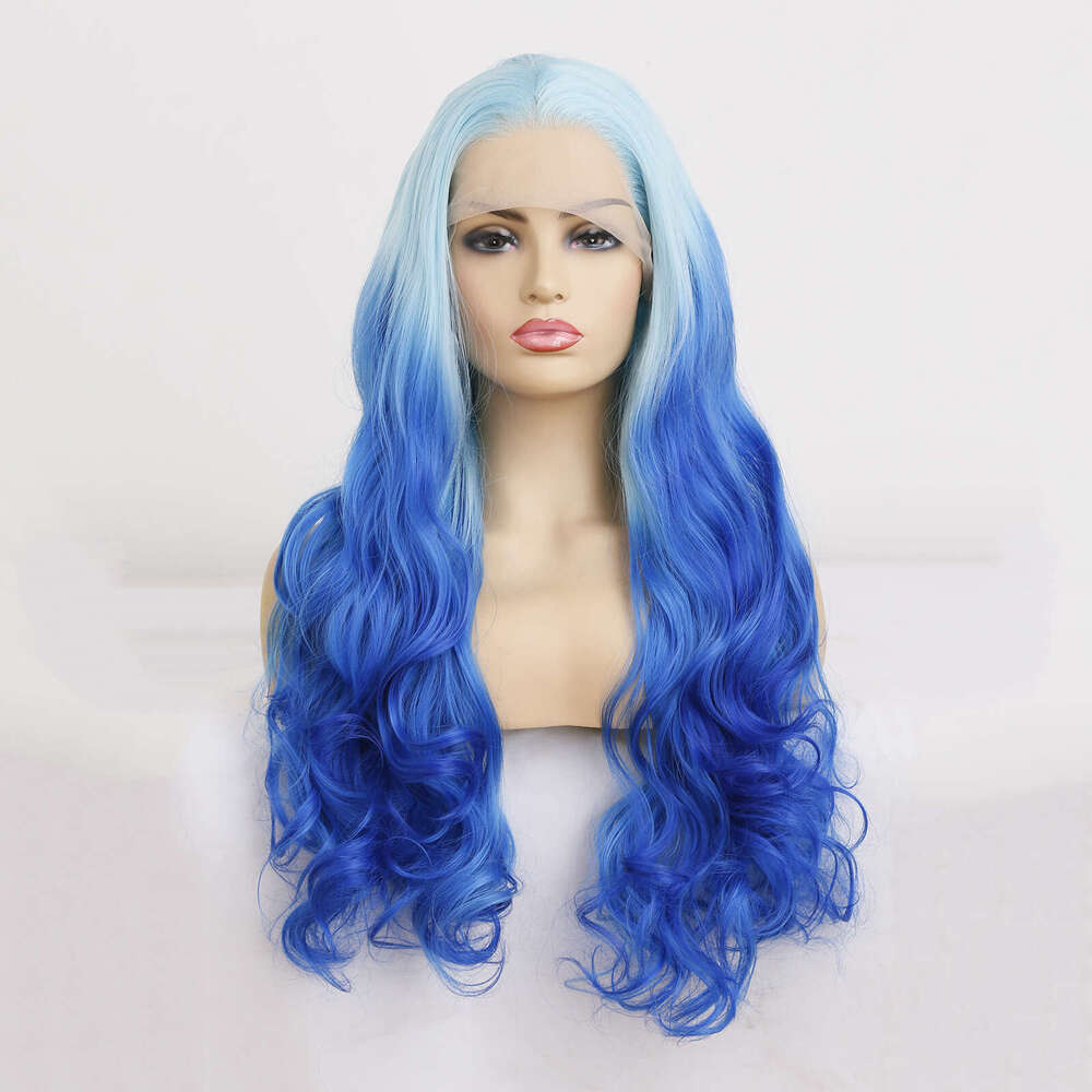 AIMEYA Ombre Lace Front Synthetic Long Silky Straight Blue Wig Body Wave Heat Resistant Halloween Cosplay Makeup