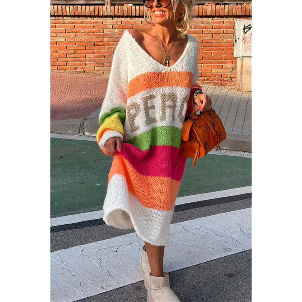Elegant Knitted Dress For Women Long Sleeve V Neck Loose Dresses Fashion Cover Up Autumn Lady Streetwear Chic Sweater 240904