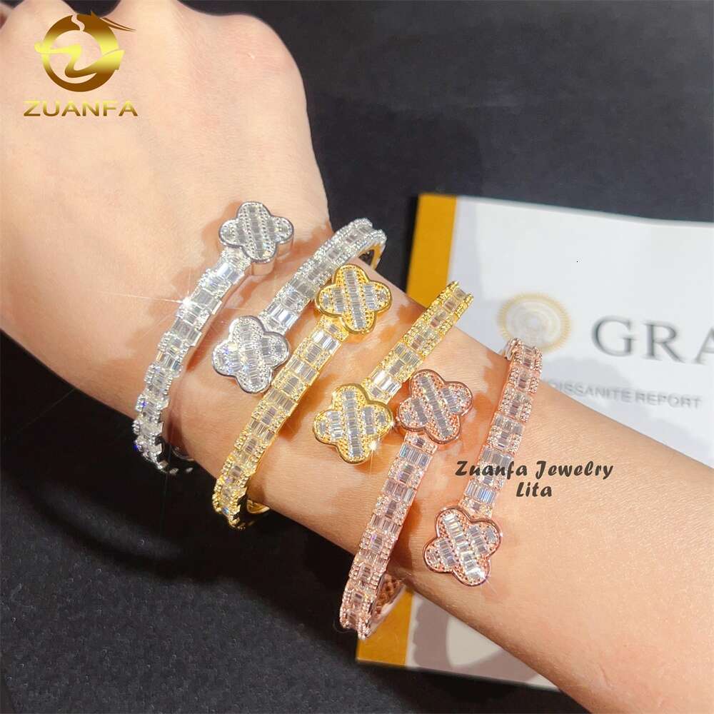 Sterling Sier Fashion Jewelry Four Leaf Clover Hip Hop Moissanite Diamonds Gold Plated Bracelet Bangles
