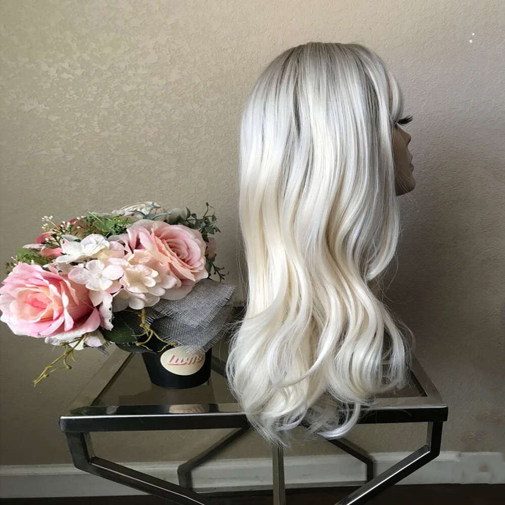 24'' Ombre Dark Root Platinum Blonde Synthetic Front Heat Friendly Fiber Wavy 10% Mixed Human Hair Lace Wig Cosplay