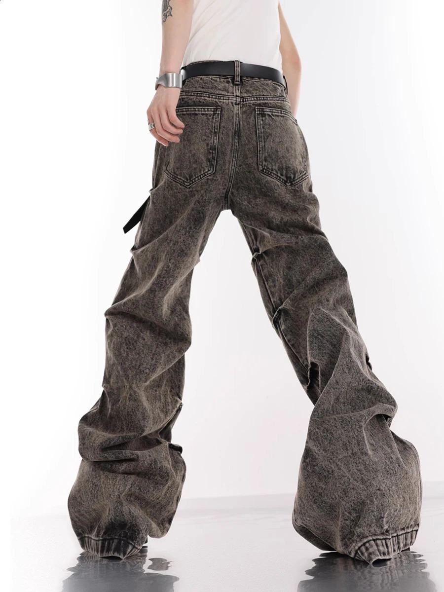 REDDACHIC Retro Gray Stacked Flare Jeans for Men Y2k Distressed Bootcut Pants Wide Leg Low Waist Bell Bottoms Emo Streetwear 240912