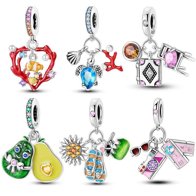 S925 Sterling Silver Avocado Seaweed Sea Turtle Slippers Seashells Camera Charms Pendants Fit Bracelets DIY Jewelry Gifts
